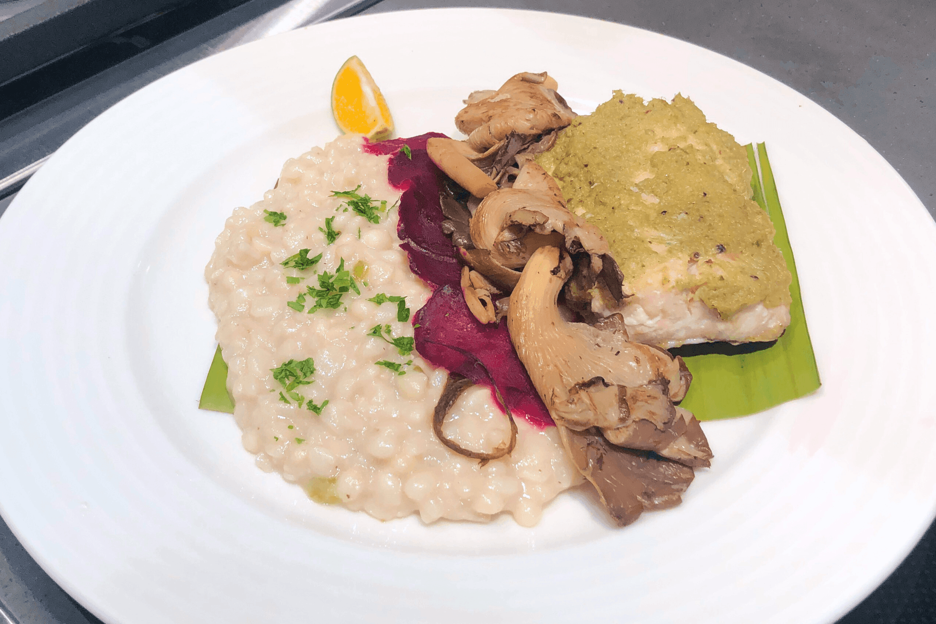 Fish en Papillote with Beet Carpaccio and Oyster Mushroom Coconut Adlai Risotto